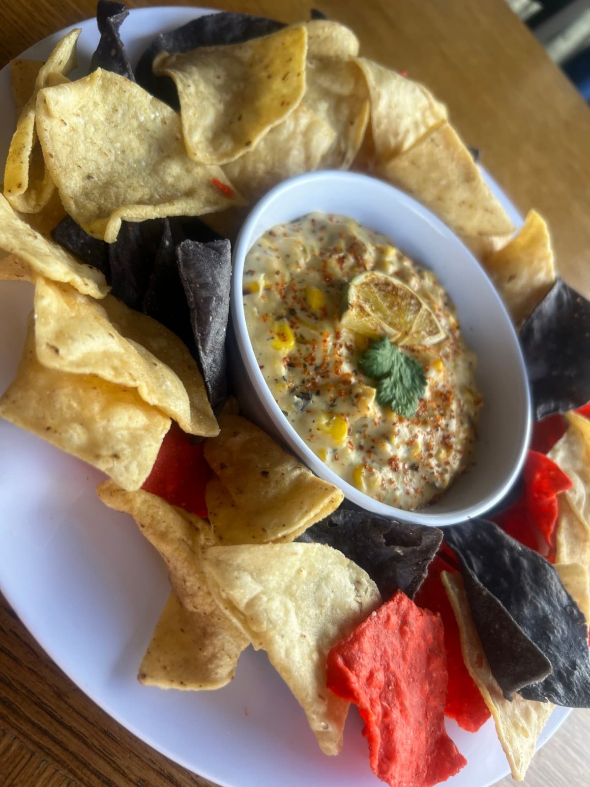 Corn elote dip with tortilla chips