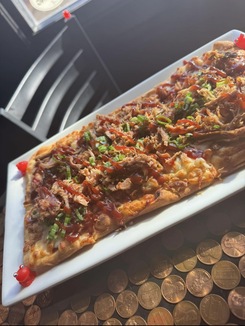 BBQ chicken flatbread with onion tanglers